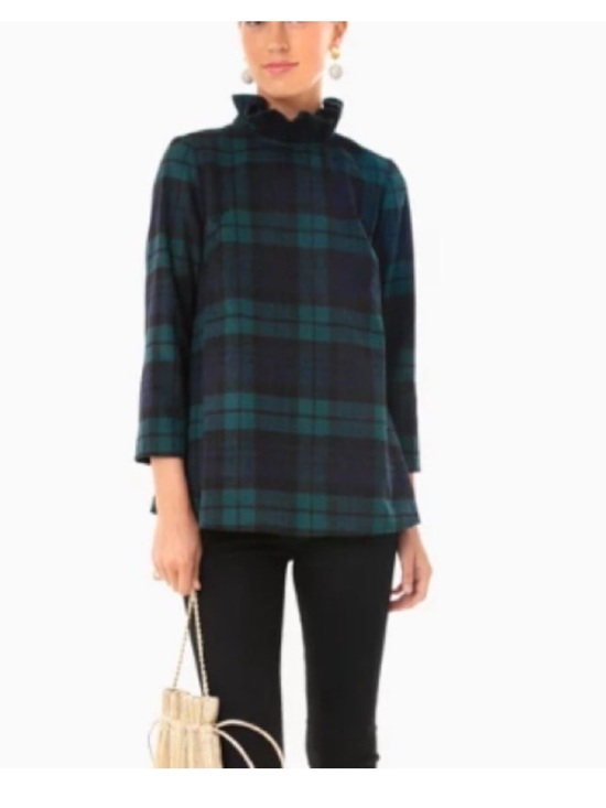 Tuckernuck Tops - Tuckernuck Faye Wool Green & Navy Plaid Ruffle Neck Loose Fit Lined Lux Blouse